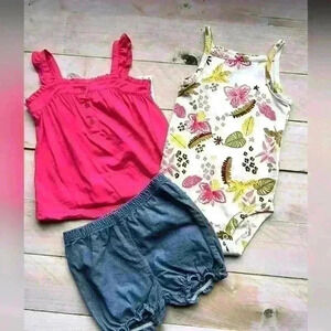 Carter's 3pc Floral Print Tank Bodysuit With Tank And Shorts Pink White 18 Month